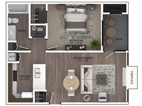 Floor plan for 1 bed, 1 bath, 715 sqft